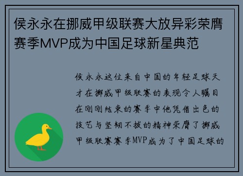 侯永永在挪威甲级联赛大放异彩荣膺赛季MVP成为中国足球新星典范 侯永永在挪威甲级联赛大放异彩荣膺赛季MVP成为中国足球新星典范